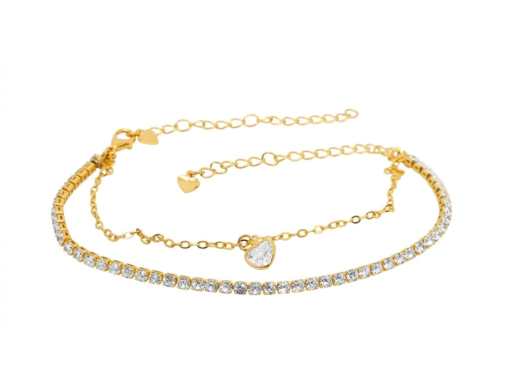 Pulseira Dupla Riviera e Corrente com Gota Facetada