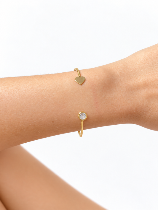 Bracelete Aberto Assimétrico Coração e Ponto de Luz
