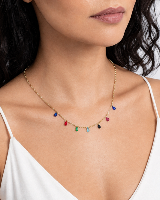 Colar Gargantilha com Gotas Facetadas Coloridas Pendentes