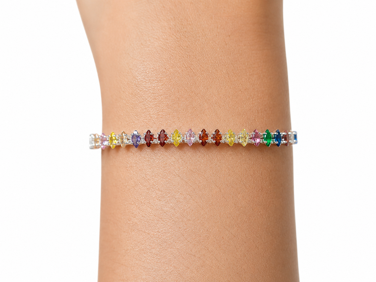 Pulseira com Zircônias Navetes Coloridas Contínuas