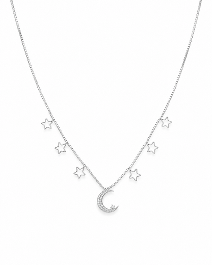 Colar Céu Estrelado com Estrelas e Lua Cravejada
