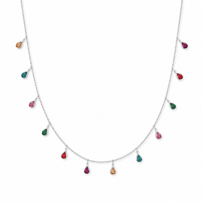 Colar Choker com Gotas Facetadas Coloridas Pendentes