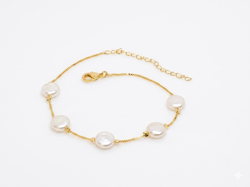 Pulseira Delicada com Pérolas Moeda Naturais