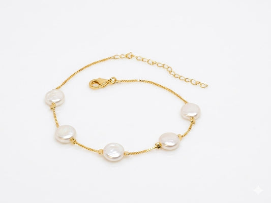 Pulseira Delicada com Pérolas Moeda Naturais
