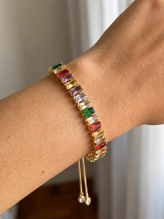 Pulseira Gravatinha com Zircônias Baguetes Coloridas
