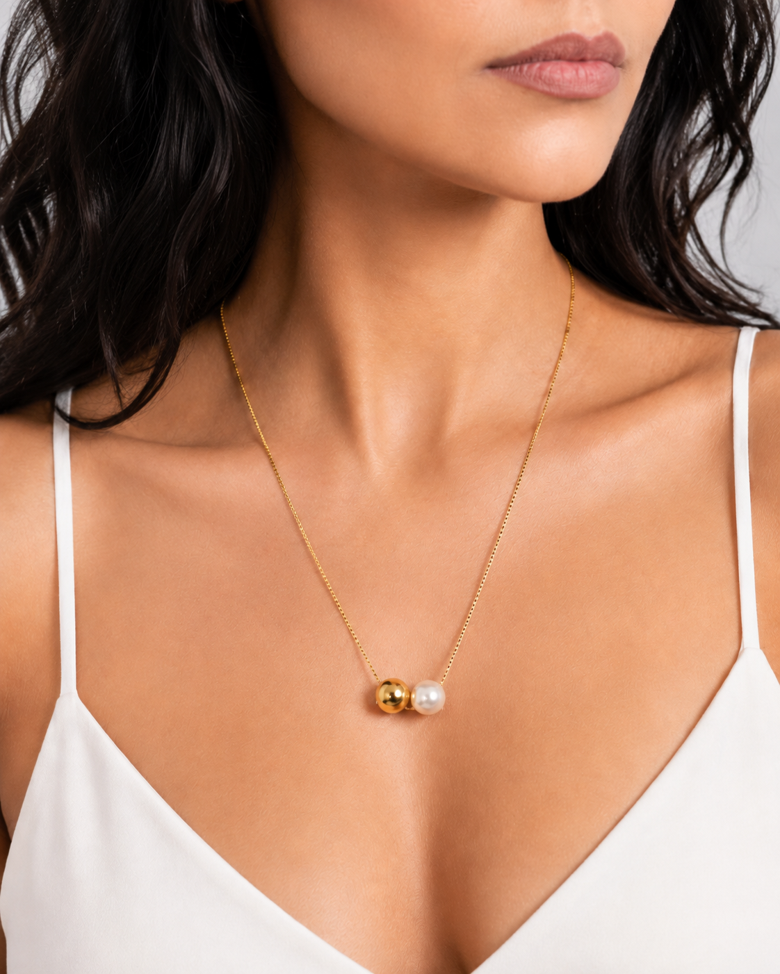 Colar Duo Contemporâneo com Pérola Natural e Esfera Polida
