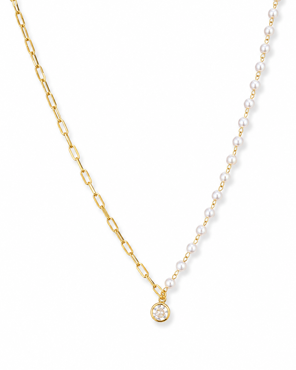 Colar Meio a Meio Elos Cartier e Pérolas com Pingente Halo