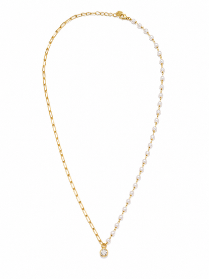Colar Meio a Meio Elos Cartier e Pérolas com Pingente Halo