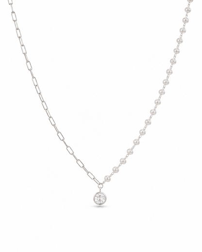 Colar Meio a Meio Elos Cartier e Pérolas com Pingente Halo