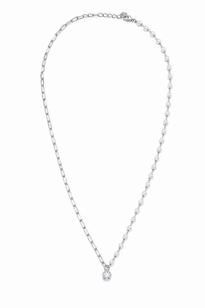 Colar Meio a Meio Elos Cartier e Pérolas com Pingente Halo