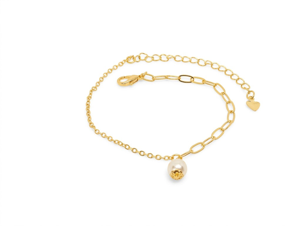 Pulseira Elos Retangulares com Pingente Pérola Barroca