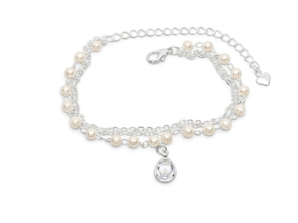 Pulseira Dupla com Pérolas e Pingente Gota Cravejada
