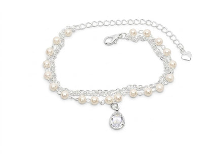 Pulseira Dupla com Pérolas e Pingente Gota Cravejada