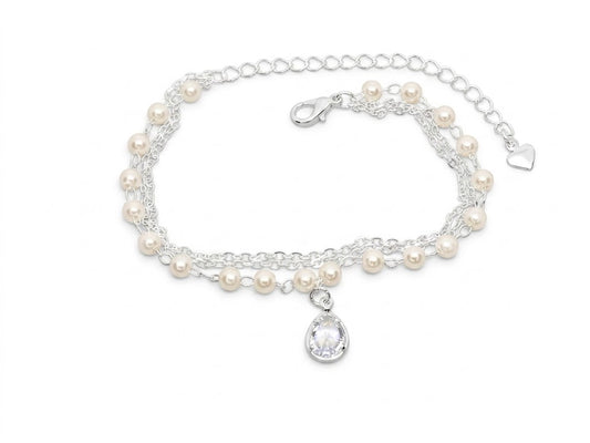 Pulseira Dupla com Pérolas e Pingente Gota Cravejada
