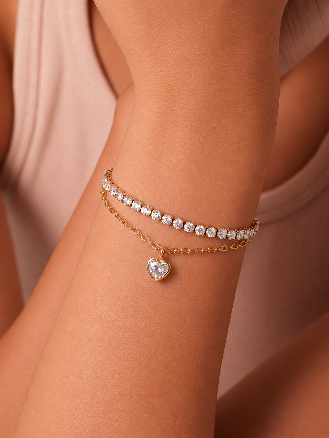 Pulseira Dupla Riviera e Corrente com Gota Facetada
