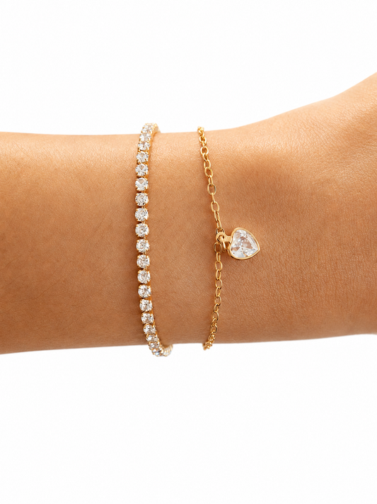 Pulseira Dupla Riviera e Corrente com Gota Facetada